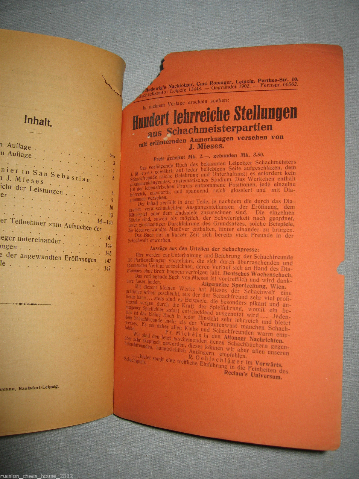 10814.Antique German Chess Book. Internationales Schachturnier zu San Sebastian 1912