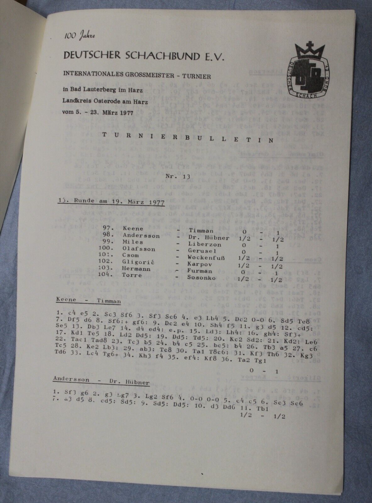11002.Chess Book Bulletins  Grossmeister Turnier, Harz, 1977 Deutscher Schachbund