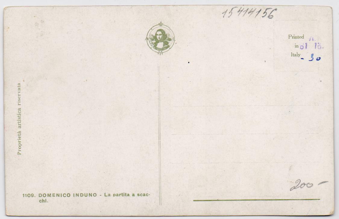 11142.Chess Colour Postcard: G.Induno «La partita a scacchi». Beginning of XX century