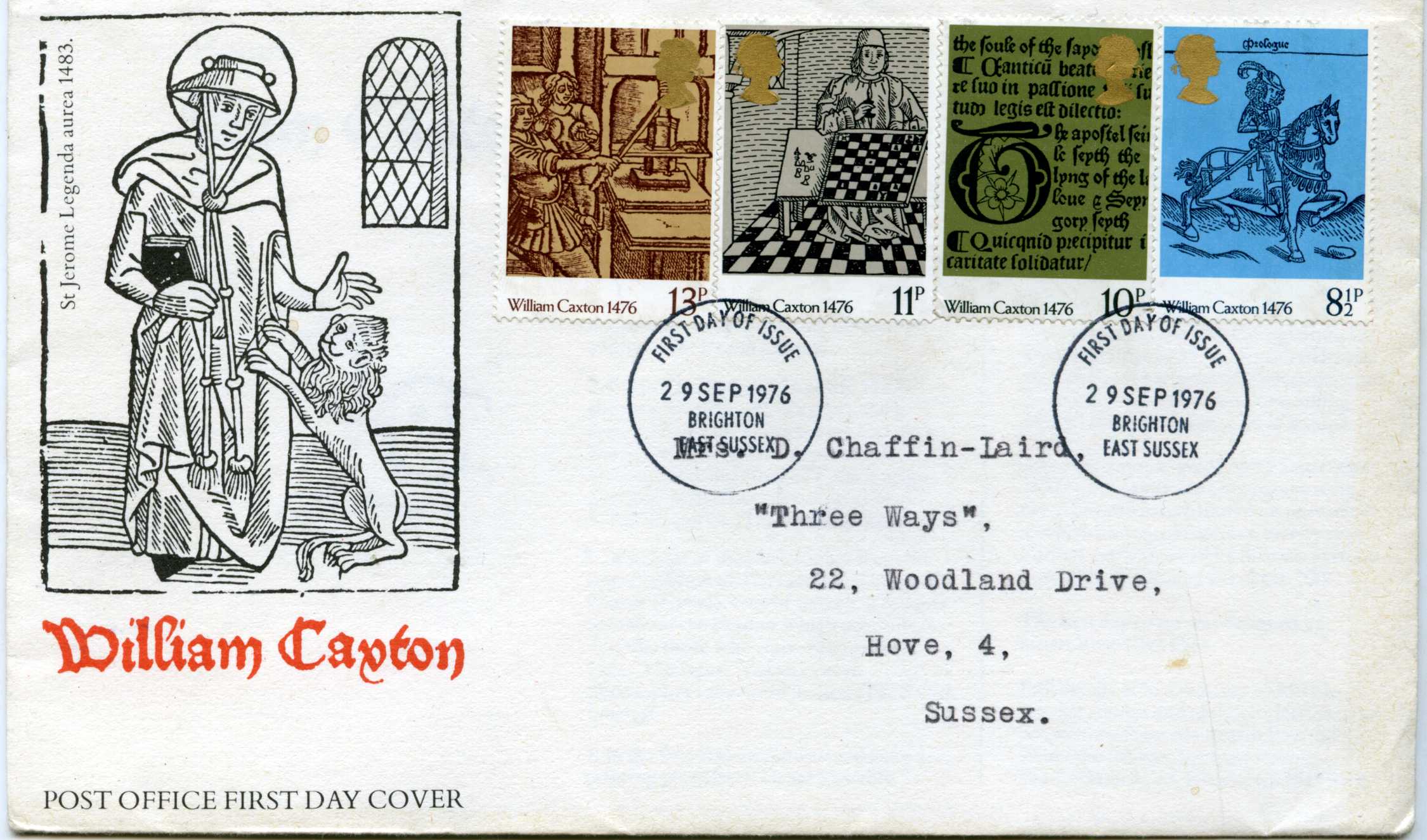 Художественный конверт маркированный первого дня с оригинальными марками William Caxton 1976 г. Англия